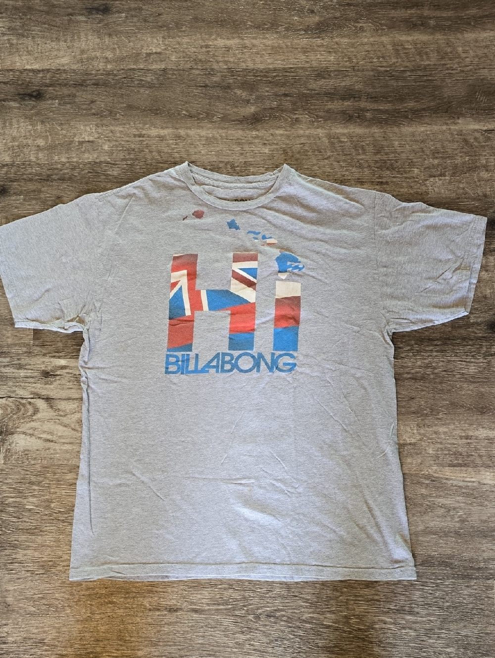 Billabong Hawaii Gray Short Sleeve Tee with Red, Blue and White Logo